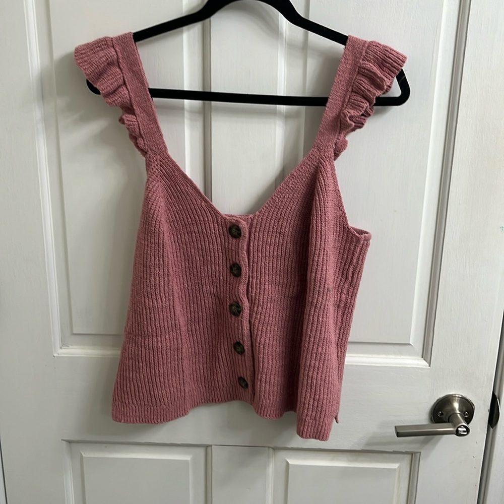 NEW! Madewell Pink Ruffle Strap Button Front Knit Sweater Tank V neck Sleeves L